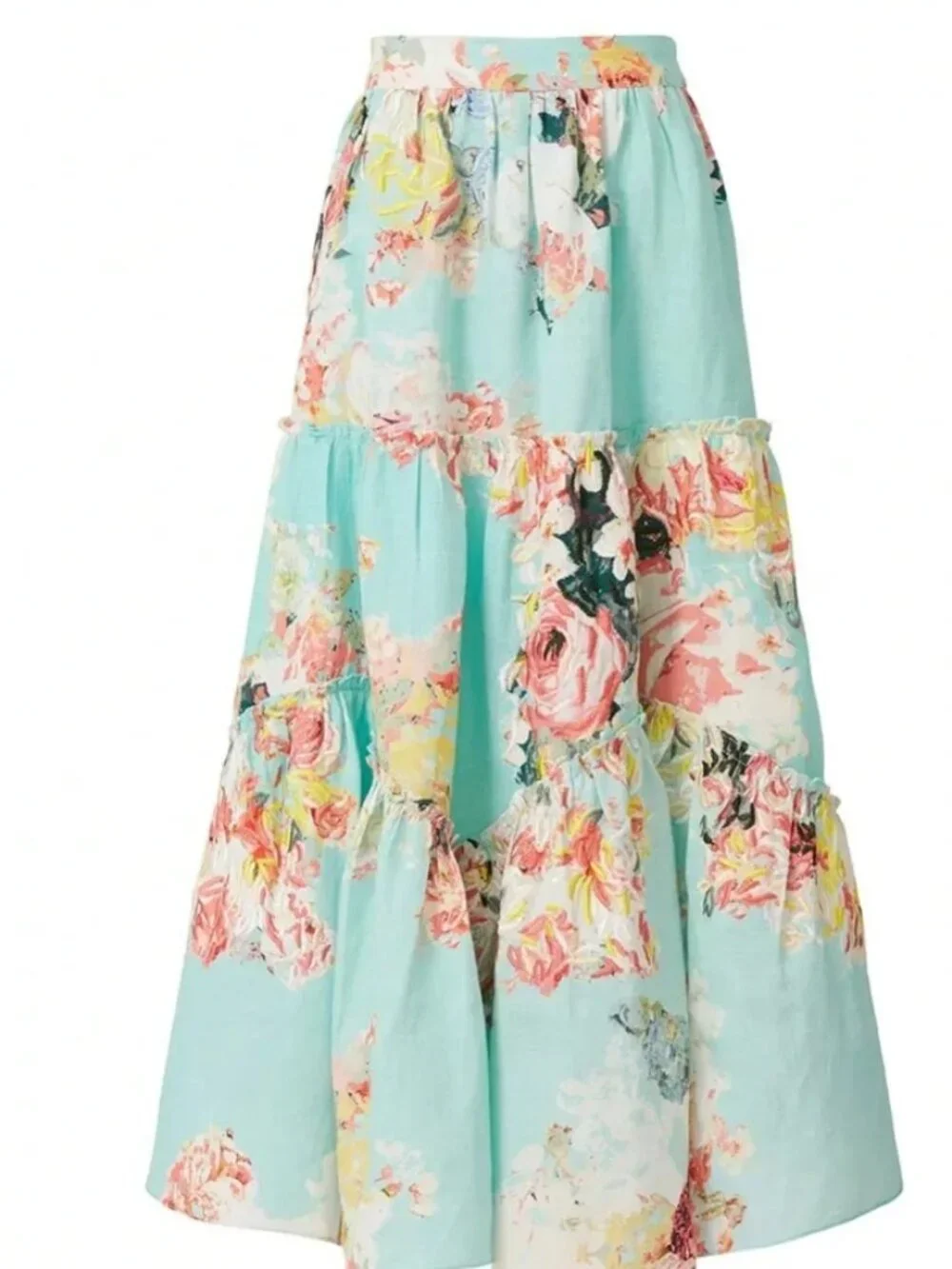 HEMANT & NANDITA SAGE Midi SKIRT Floral w/ embroidery tiered ruffle turquoise LG
